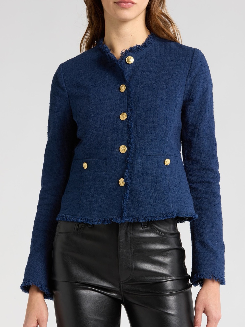 rag & bone Navy Frayed Tweed Blazer with Gold Buttons
